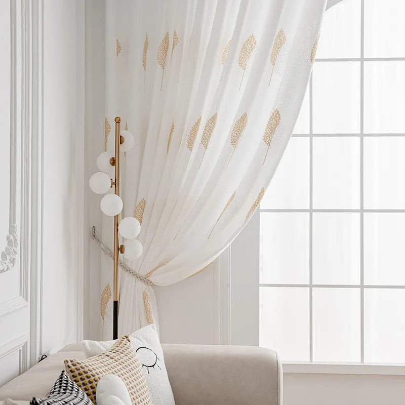 American Simple Leaf Plant Curtain for Bedroom Living Room Window Embroidered Door Sheer Guaze Tulle Yarn Curtains