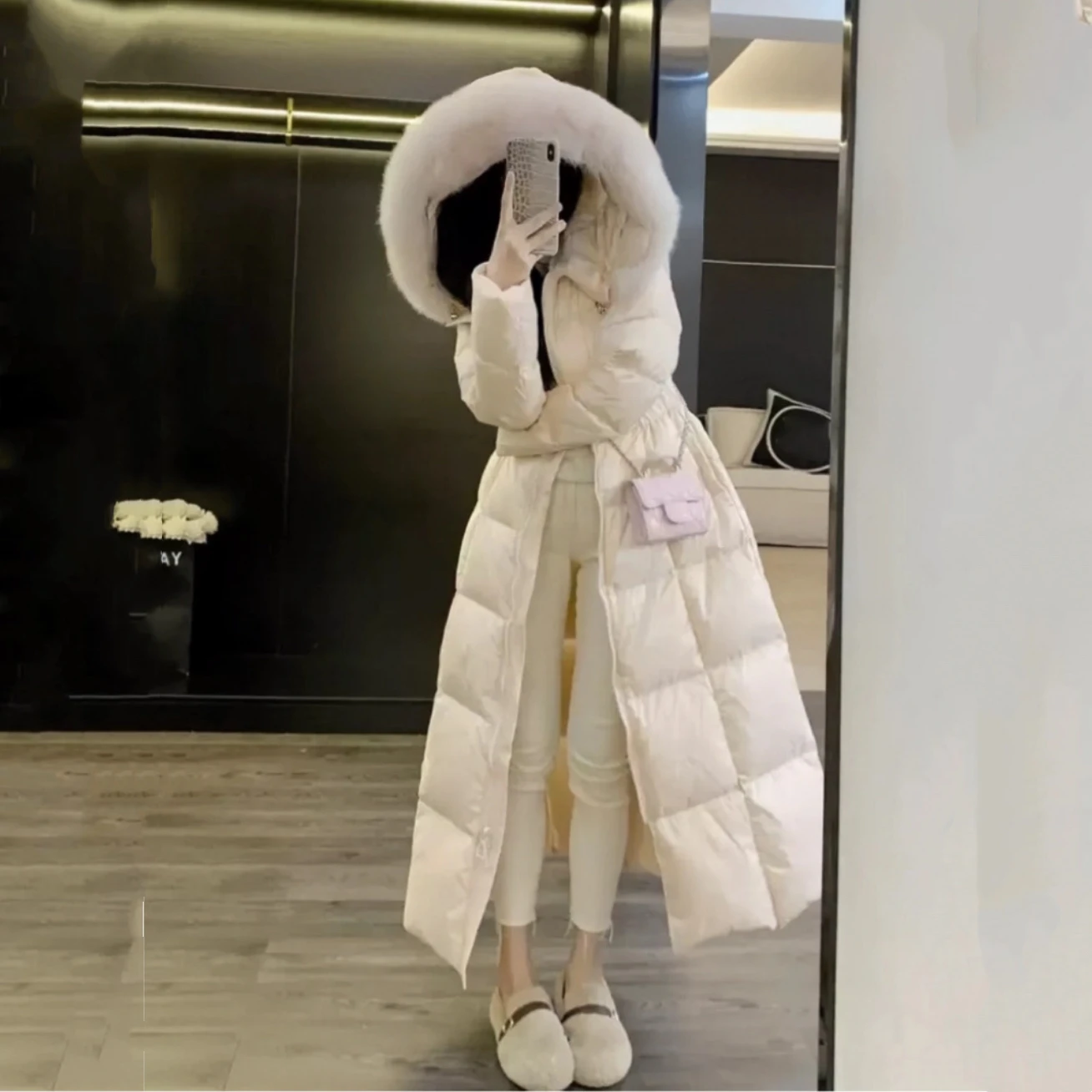 

High-End Women's Long down Cotton Jaet Thi Warm Waist-Cinching Slimming Winter Coat Korean Sle Zipper Closure Color