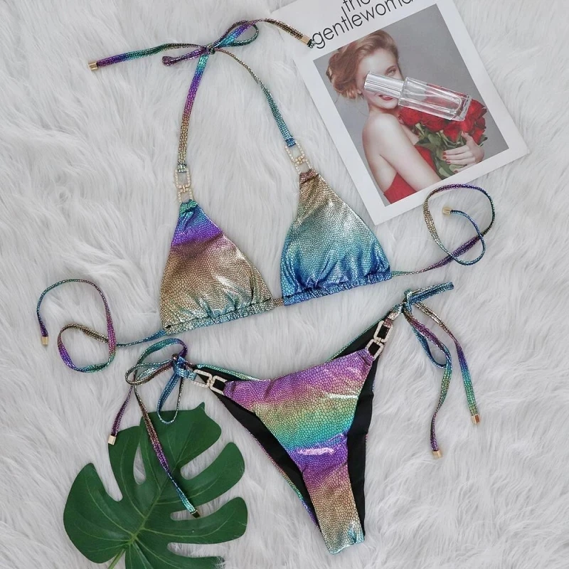 

Bikini Set Colorful Snake Pattern Gold Stamping Two-Piece Tie-Up Women's Swimsuit with Rhinestone Accessories