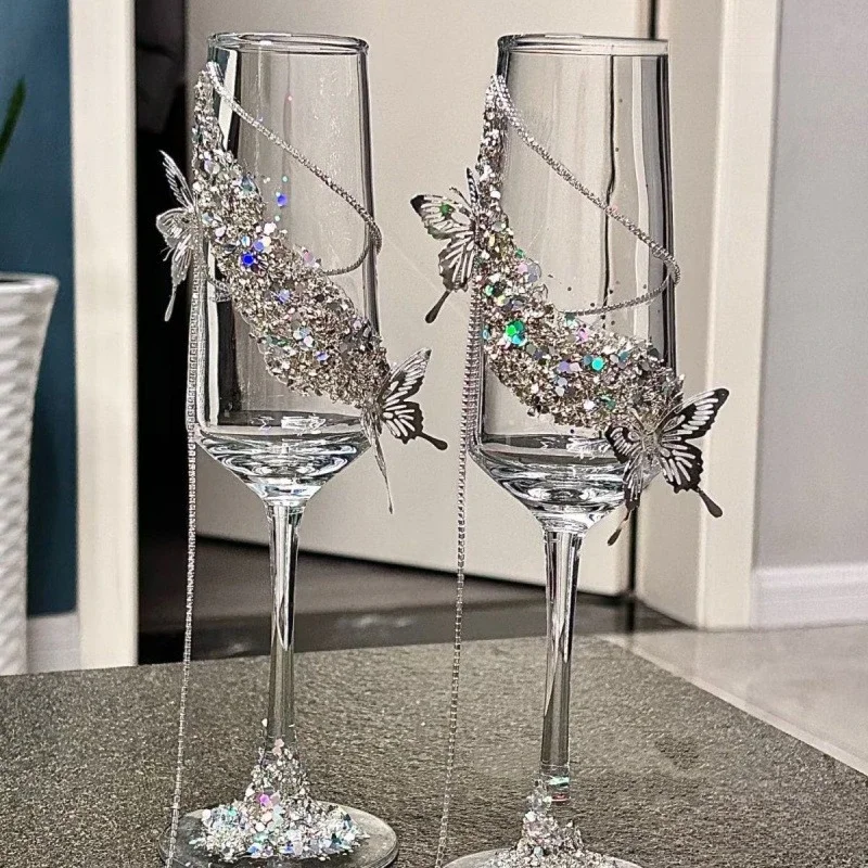Wedding toast glass high value diamond goblet wedding gift cocktail champagne glass high sense wine glass butterfly