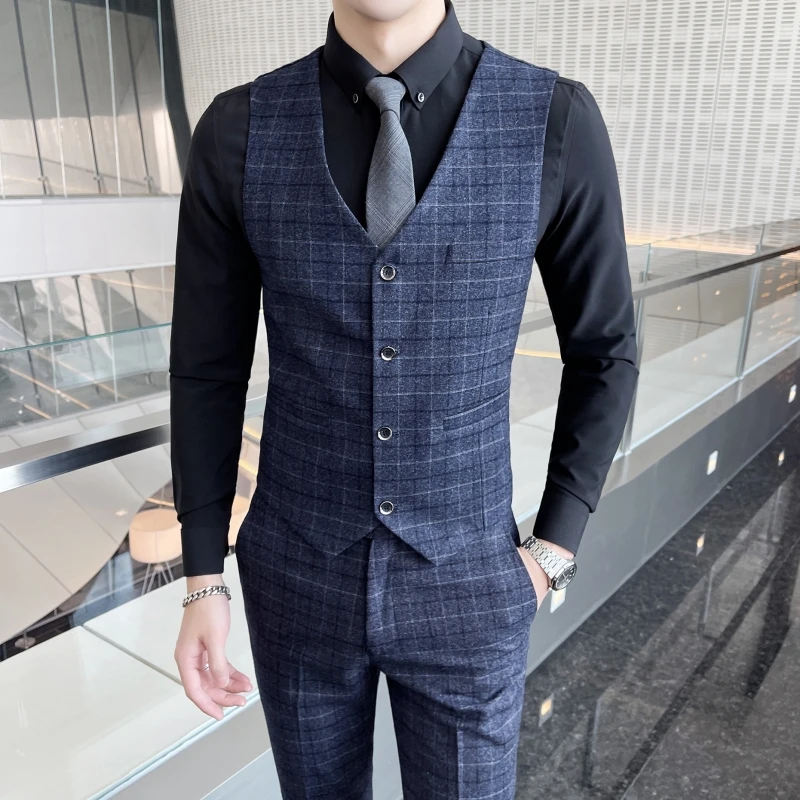 High-quality cotton texture (suit + vest + trousers) Wedding suit men\'s fashion business trend boutique casual plaid suit three-