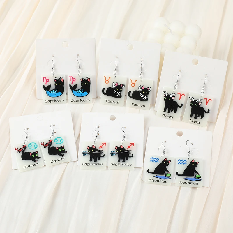 1Pair Constellation Tarot Card Charms Drop Earring Creative Acrylic Cat Glow In Dark Fashion Jewelry For Woman Gift