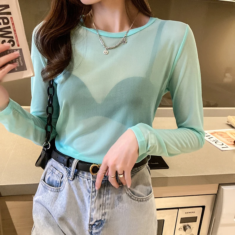 Sexy Women T Shirt See Through Transparent Mesh Tops Long Sleeve Sheer Slim Ladies O-neck Color Silk T-Shirt Lace Crop Top