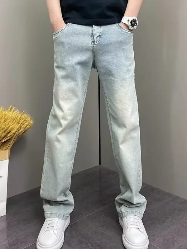 

High-End Light Wash Straight Leg Slim Fit Summer Thin Men's Jeans mid Waist Water Washed Casual Style Breathable Comfortable
