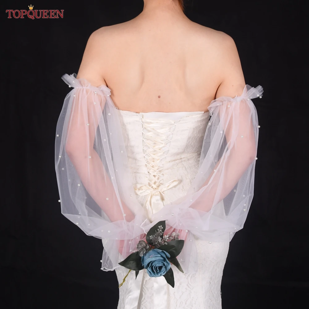 TOPQUEEN VM30 Pretty Lantern Gloves Removable Pearl Tulle Elastic Cuff Long DIYSleeves Bridal Party Wedding Dress Arm Decoration