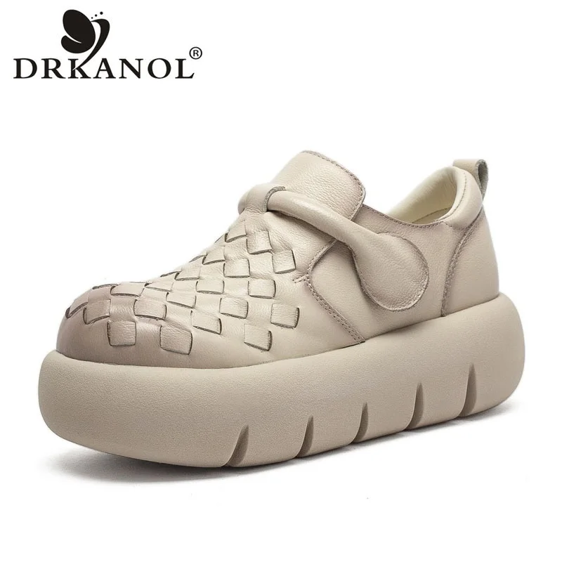 DRKANOL 2026 Handmade Weave Genuine Leather Platform Shoes Women Retro Style Wedges Heel Height Increasing Casual Single Shoes