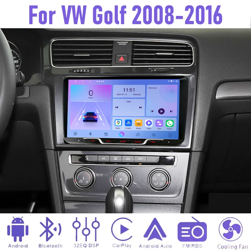 

9" 4+64GB Car Radio For VW Golf 2008-2016 Android 15 Auto Support Wireless Apple Carplay 2DIN GPS FM Google Map BT Canbus