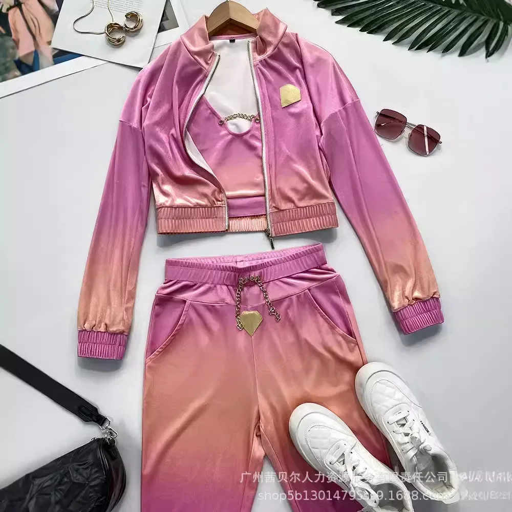 Pants Set Geometric Pattern Chain Crop Top & Pocket Three Piece Set Zipper Coat Women Spring Suit Matching Sets Y2k Streetwear