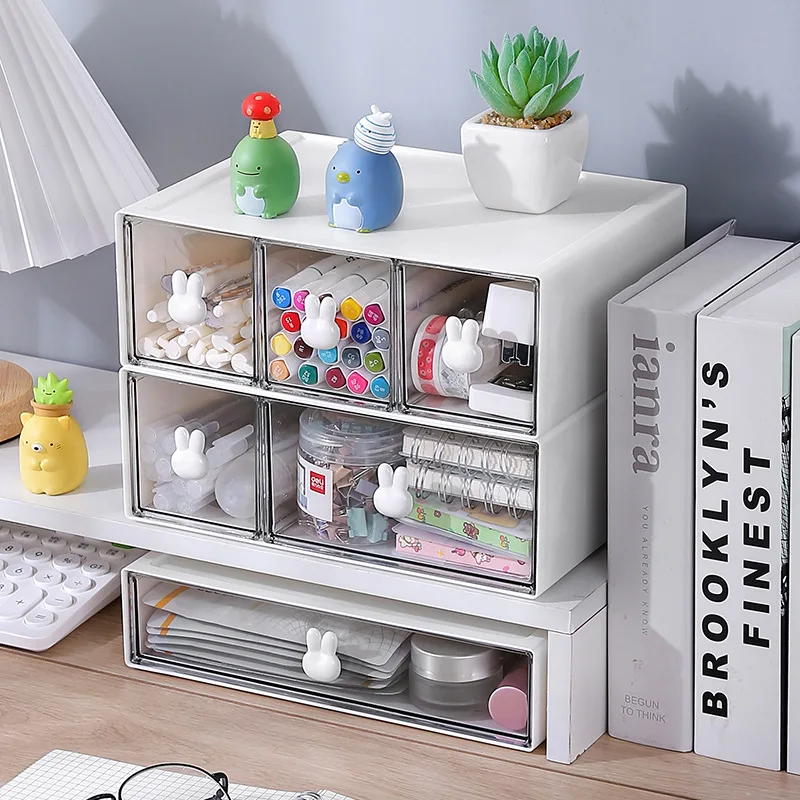 Desk Organizer Drawer With Sticker Cute Plastic Clear Organizing Boxes Stationery Storage Box Container For Home School