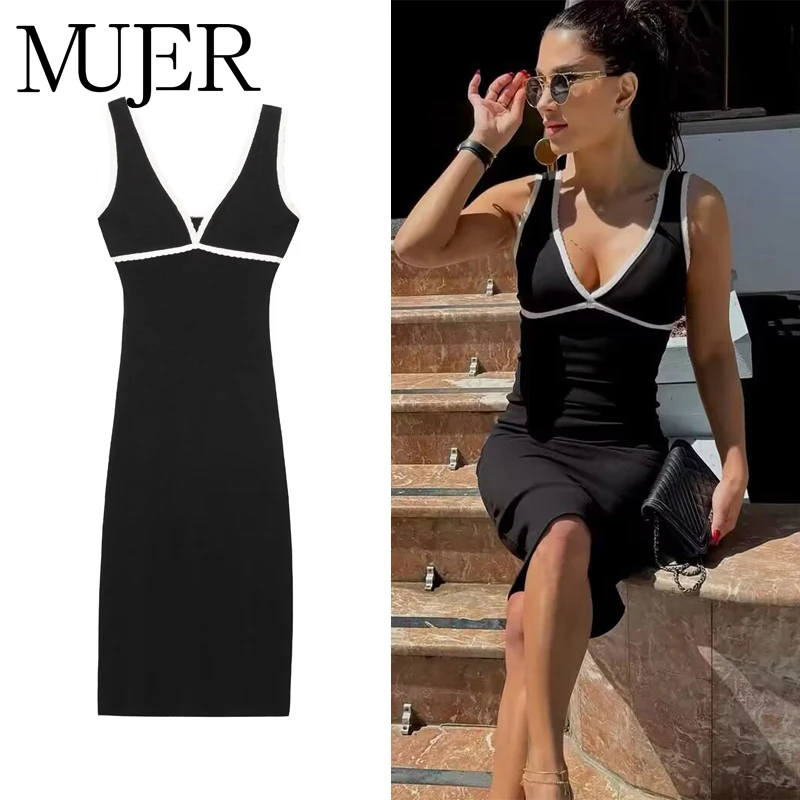 MUJER 2025 Gestrickte Slip-Kleider für Frauen, schwarz, rückenfrei, Damen-Sommerkleid, Urlaub, Strand, Midikleid, Frau, sexy Partykleider