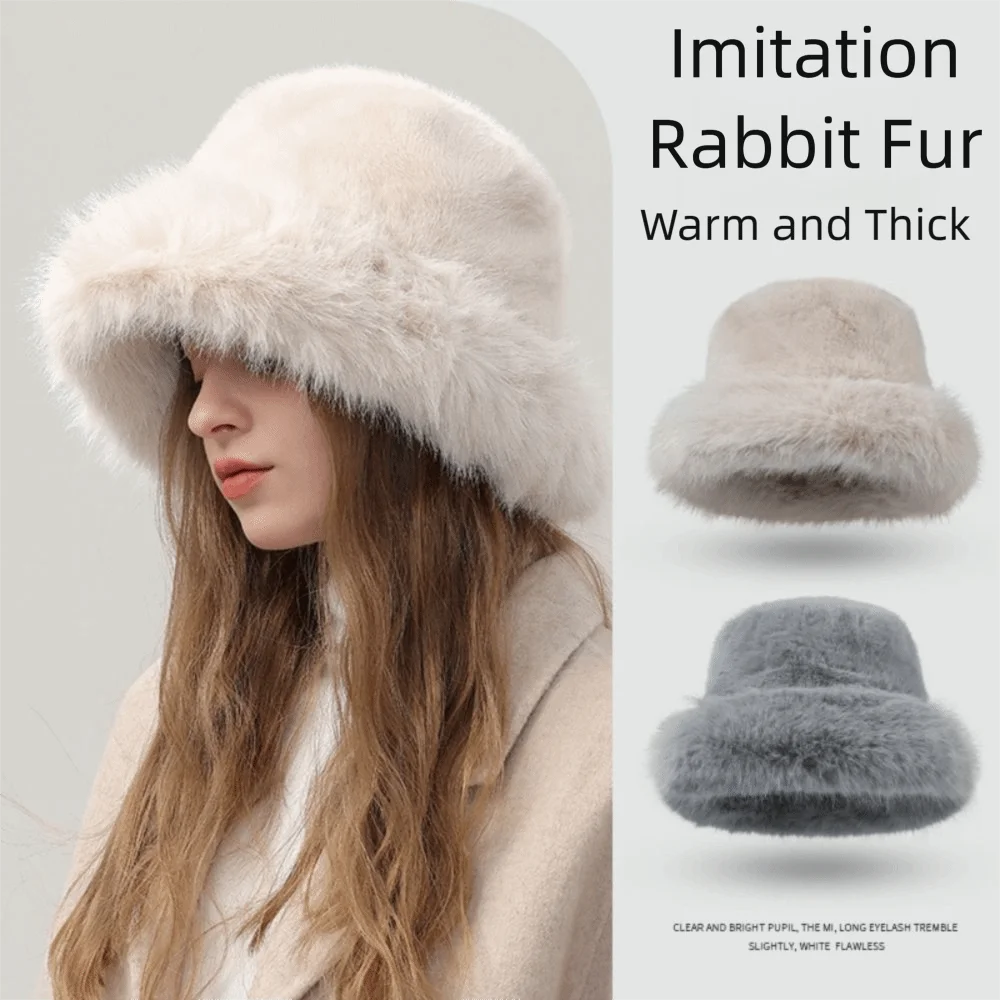 Imitation Rabbit Fur Hat for Women Autumn and Winter Plush Fisherman Hat Warm and Cold-proof Fashionable High-end Basin Hat