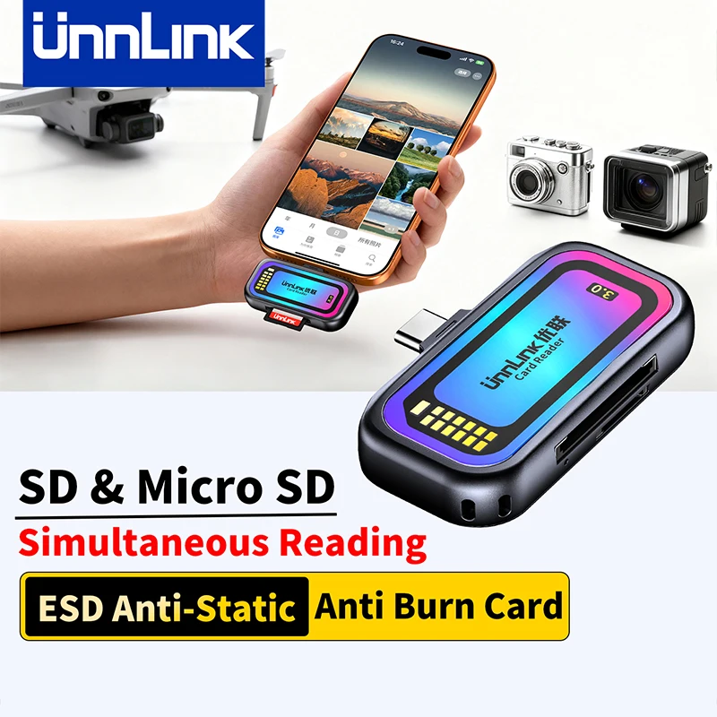 Unnlink Lettore di schede SD e MicroSD 3.0 Adattatore per scheda di memoria da USB-C a SD TF per iPhone 16/17 per leggere drone, scheda action camera