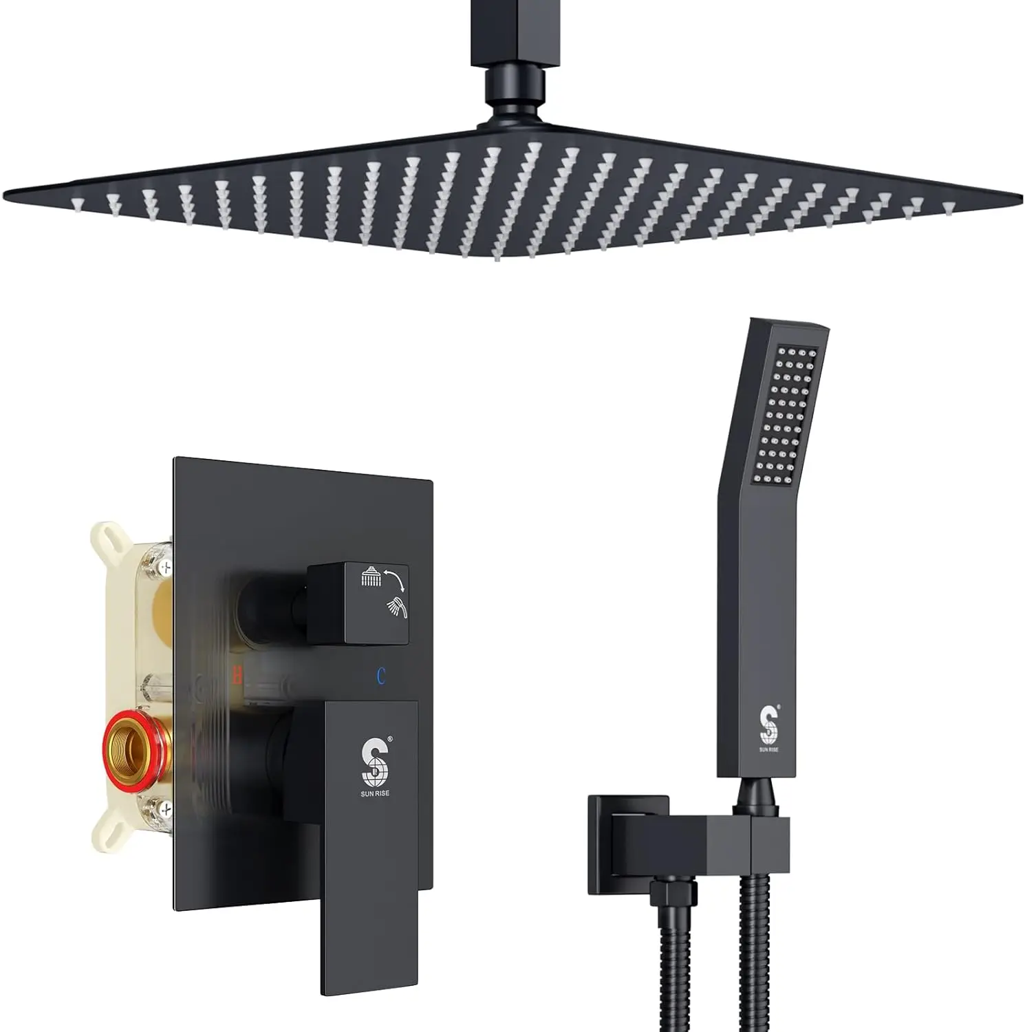 

12-дюймовая матовая черная душевая система для потолочного монтажа с дождевым душем, клапаном балансировки давления и удлиненным шлангом