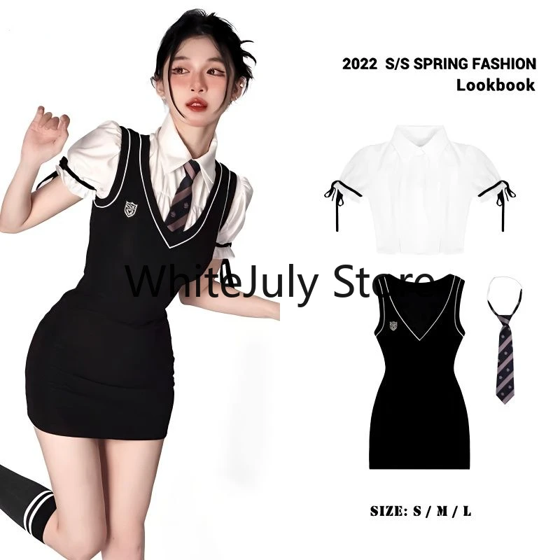 2023 Summer Vintage Knitted Suits Korean Style Sexy Bodycon Y2k Mini Dress + White Blouse Fashion Suits Even Party Clothing Chic