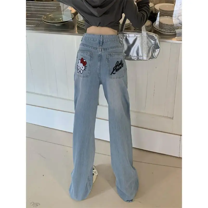 

Sanrio Cute Jeans Hello Kittys Girl Kawaii Wide Leg Pants Summer New Style Loose Comfortable Cartoon Retro Casual Breathable