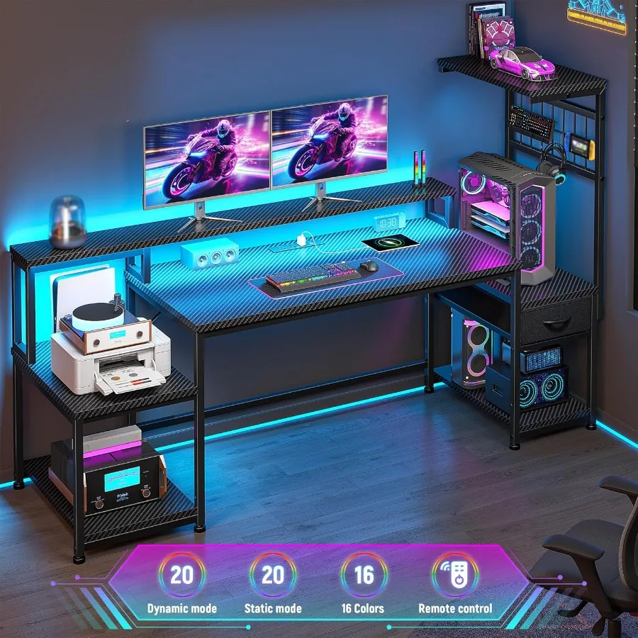 63 مكتب ألعاب مزود بمصابيح LED مدمجة ومنافذ كهربائية مدمجة ومكتب كمبيوتر يتميز بحامل شاشة تخزين للأدراج #4