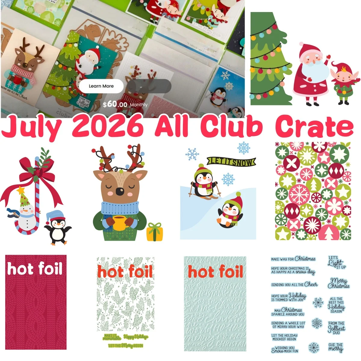 Julio 2026 All Club Crate Troqueles de corte de metal de Papá Noel de Navidad, Sellos transparentes y Estarcido con lámina caliente para decoración de tarjetas DIY