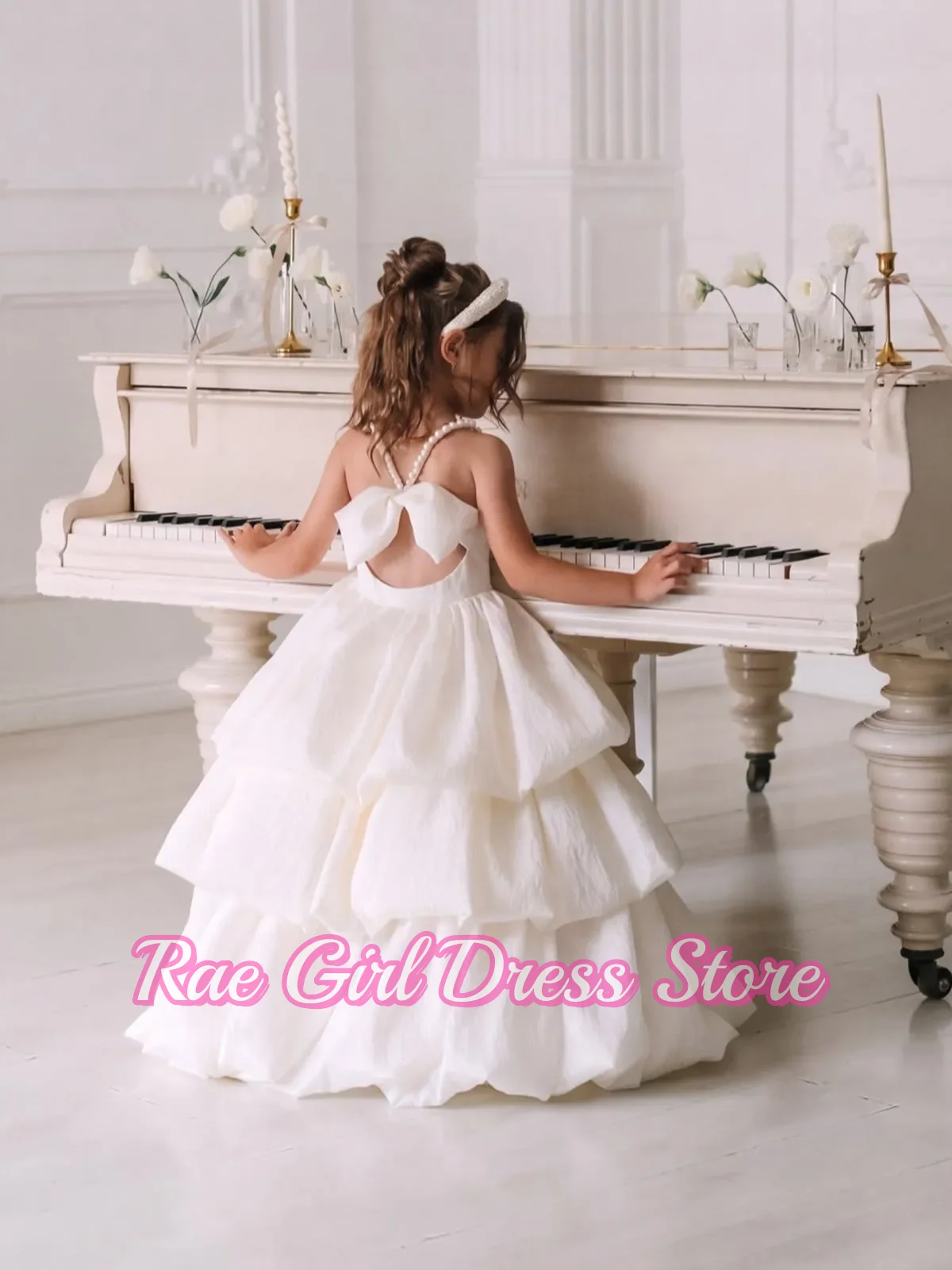 V Neck Back Cutout Bow Layered Puffy Flower Girl Dress For Wedding Birthday A-Line Floor Length Kids Princess Gowns Customized