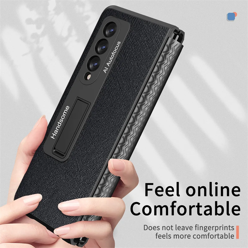 PU Leather Retractable TPU Hinge Holder Phone Case For Samsung Galaxy Z Fold 5 4 3 2 5G Screen Protection Film Shockproof Cover