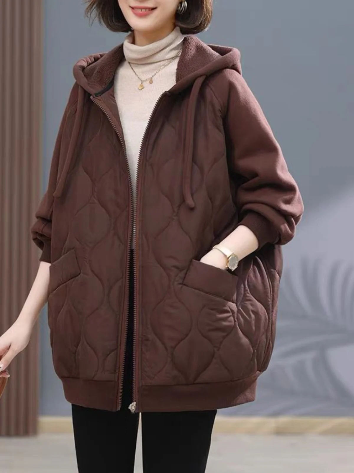 

Autumn Winter Thiened Hooded down Cotton Jaet Loose Warm Cotton Inserted Outerwear for Women Commute Sle Long Sve
