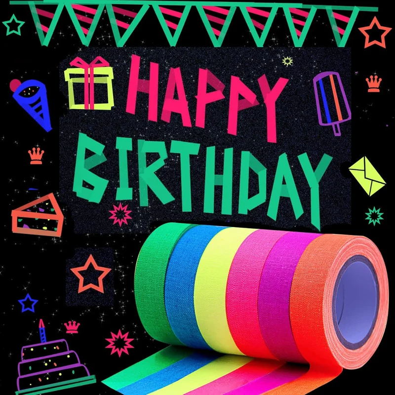 شريط لاصق، 6 ألوان قماش نيون، شريط متوهج بالأشعة فوق البنفسجية، 0.6 بوصة × 16.5 قدم × 6 لفات