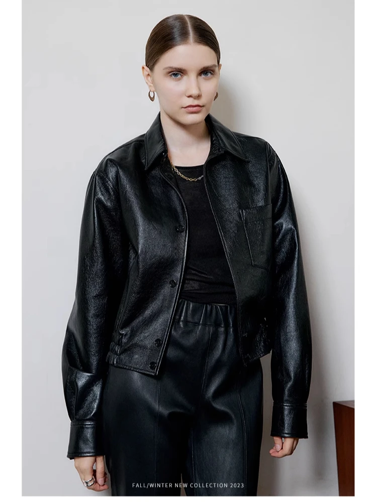 

Casual Short Genuine Leather Jackets for Women Spring Autumn 2026 New High-end Simple Solid Oily Wax Real Sheepskin Coat