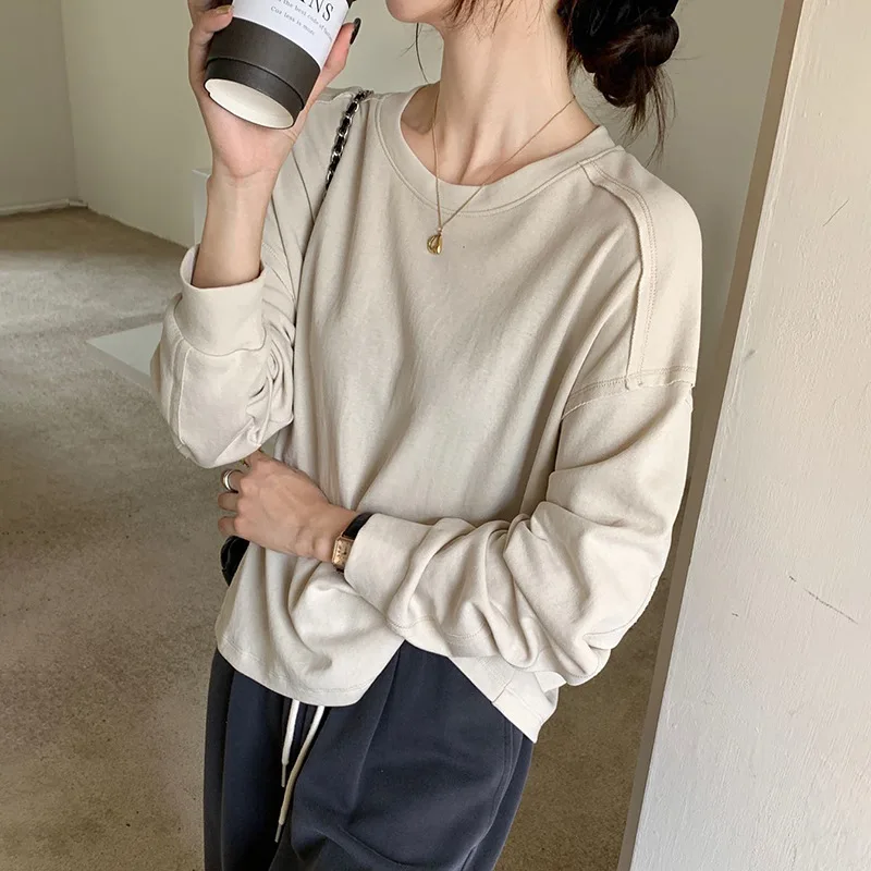 T-shirt à manches longues et col rond pour femme, ample, polyvalent et fin, Style paresseux, couleur unie, nouvelle collection 2025