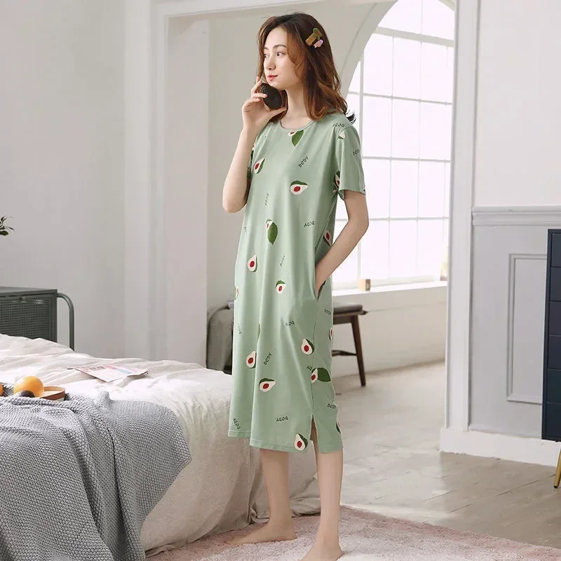 Women Sleeping Dress Korean Short Sleeve Nightgown 2024 Summer Plus Size Ladies Sleepwear Lounge Cartoon Print Pajamas Cute