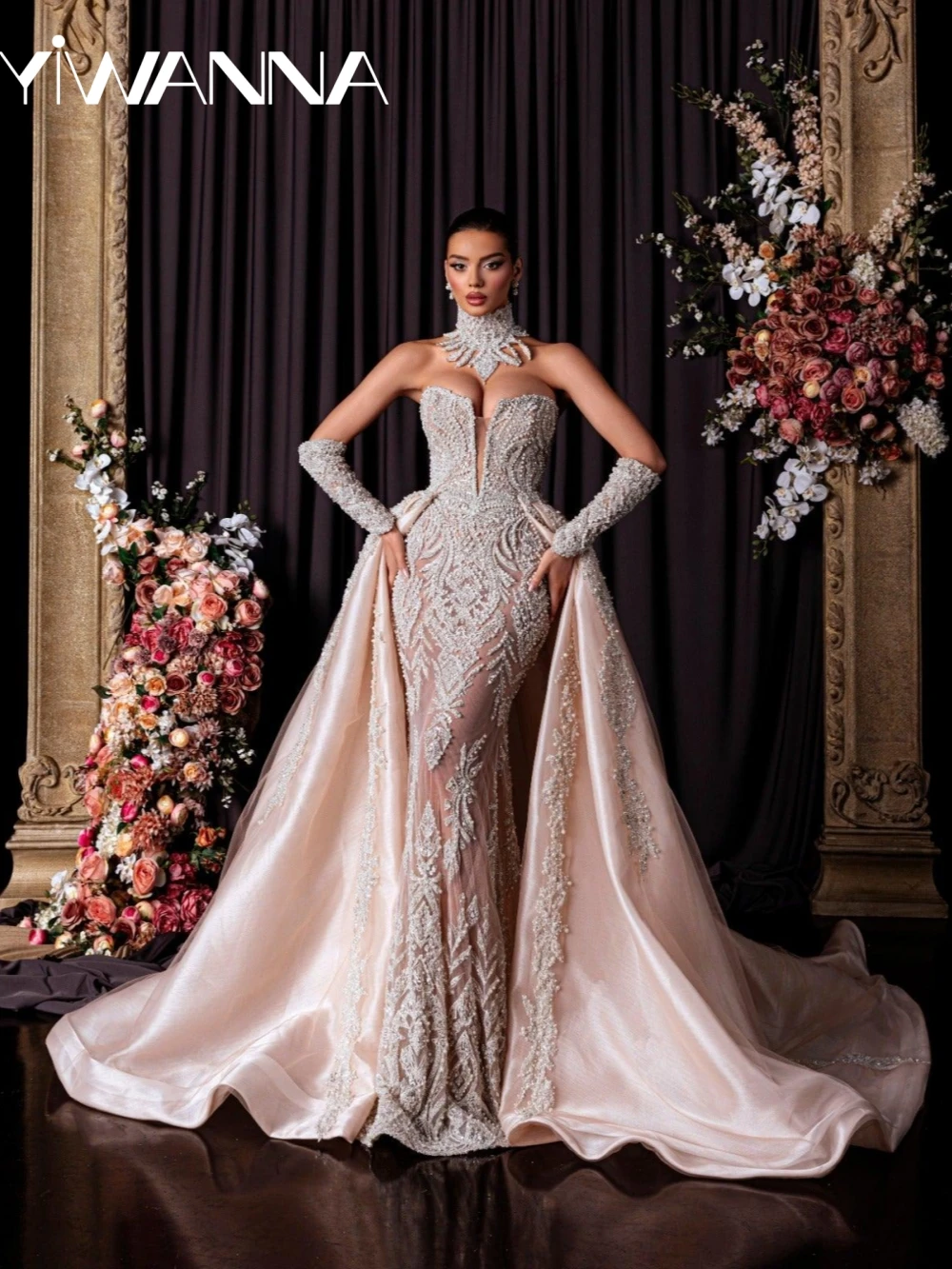 انفصال قطار التطريز مطرز فستان الزفاف الوهم العميق الخامس الرقبة حورية البحر فستان زفاف طويل فساتين مخصصة جديدة للعروس #1