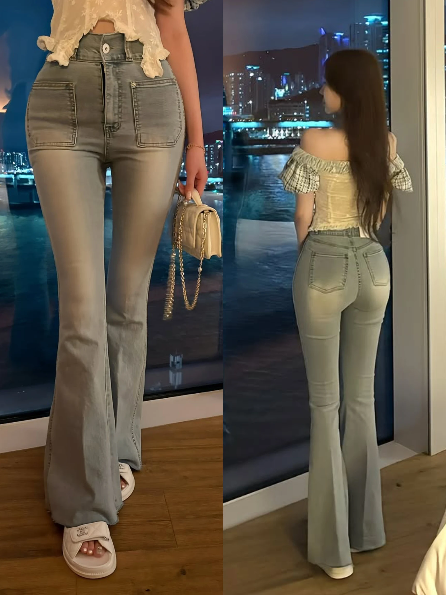 

Slimming High Waist Bell Bot Jeans Women's Spring Autumn ket Design Belted Slim Fit Casual High Waist Jeans