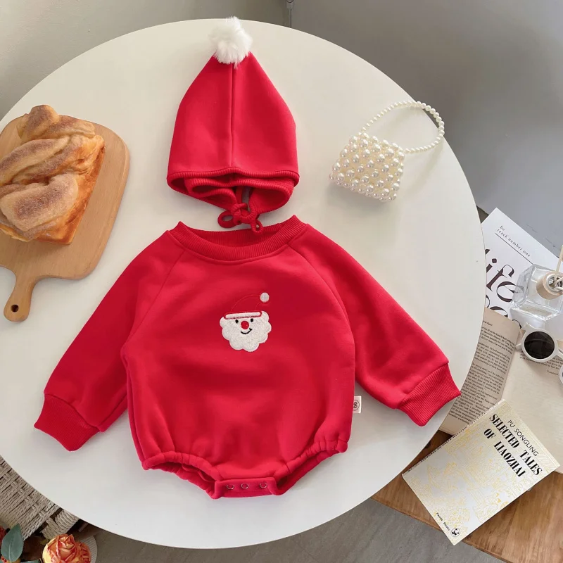 Zestaw ubranek dziecięcych dla dziewczynek i chłopców, ubrania z długim rękawem dla niemowląt i dzieci, świąteczny pajacyk typu haremki do raczkowania + spodnie + czapka, 3-częściowy komplet