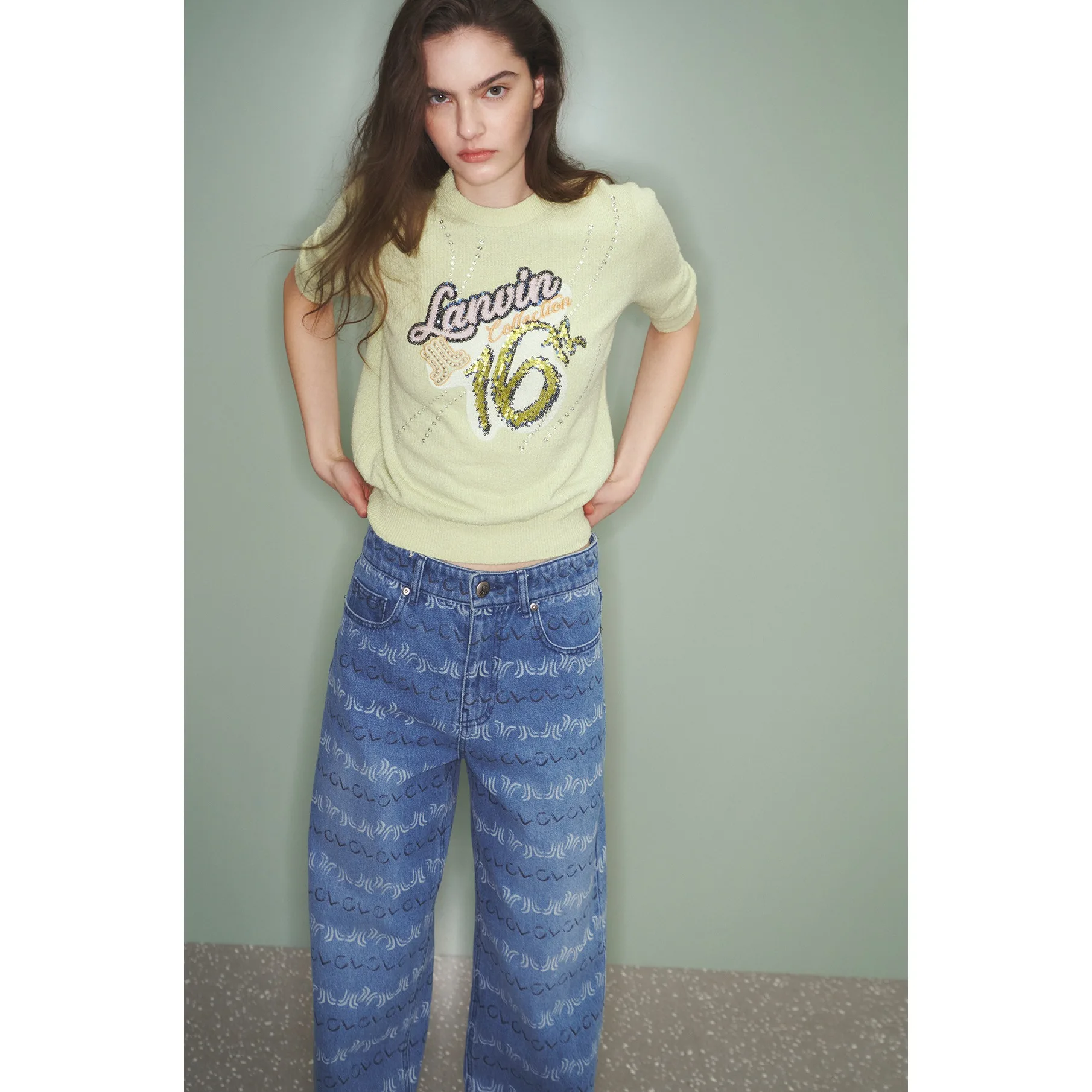 

Hand Embroidered ort Sve Knitwear round Ne Elastic Versatile LA24 Spring Glitter 38 Women's Casual Faion Pure Color