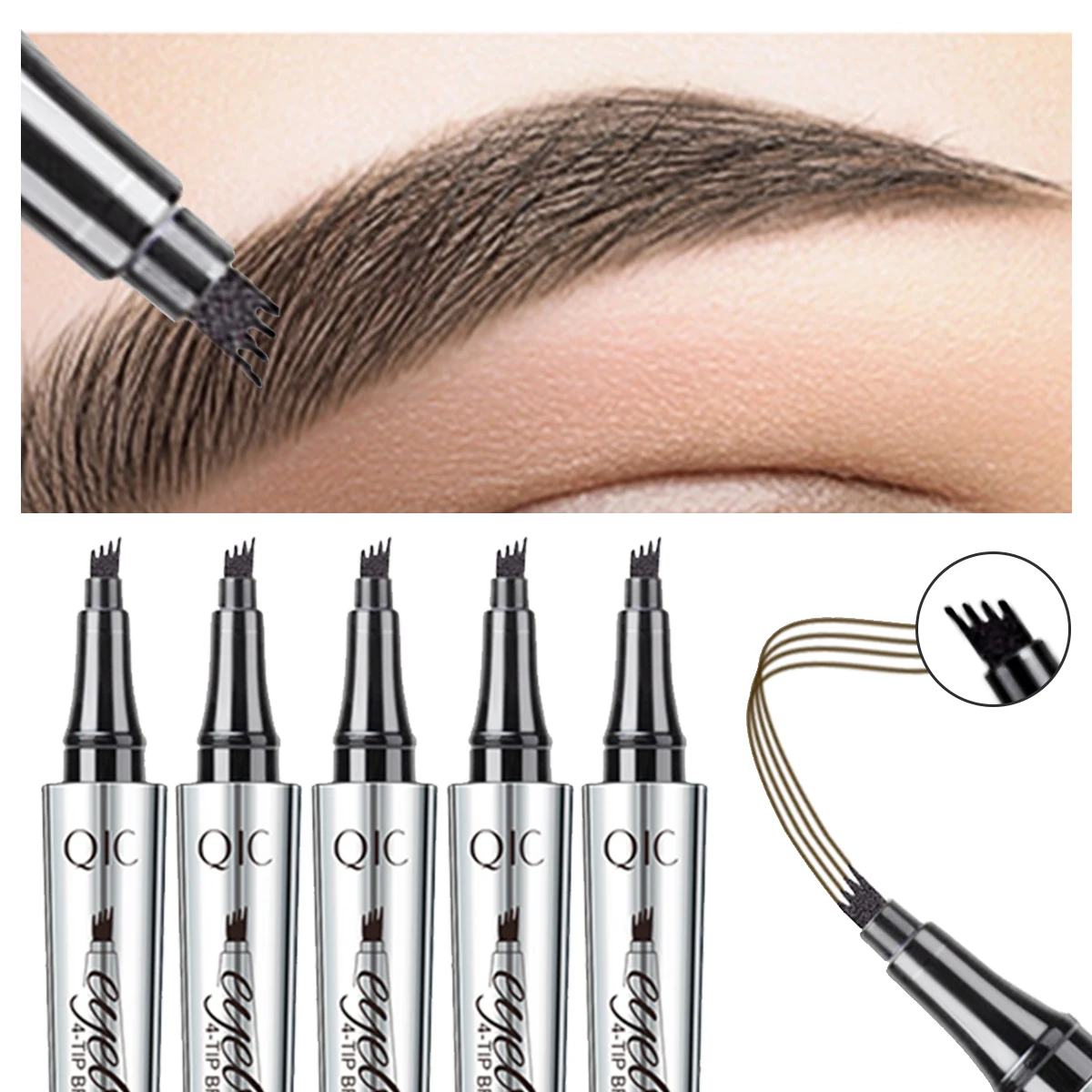 QIC Four-pronged eyebrow pencil, four-end, long-lasting, non-smudged, water-resistant, anti-smudged eyebrow pencil