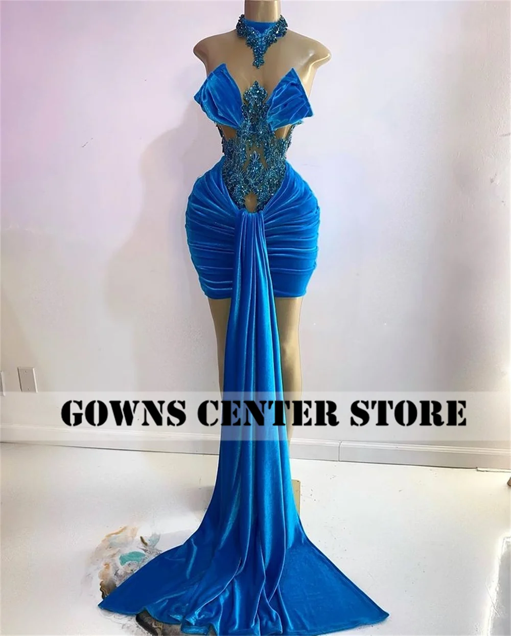 กำมะหยี่สีแดง Halter ชุดราตรีสำหรับสาวสีดำ Mermaid Mini ค็อกเทลชุดรถไฟแอฟริกันวันเกิดพรรค Robe De bal