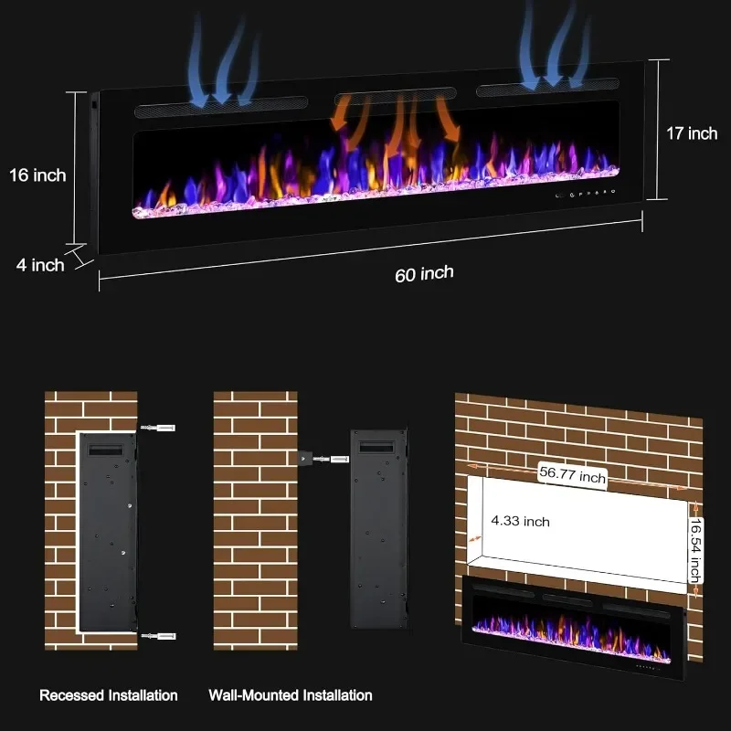 Chimenea eléctrica de 60" montada en la pared e empotrable con control remoto, calentador de chimenea de pared ultrafino de 750/1500 W con temporizador