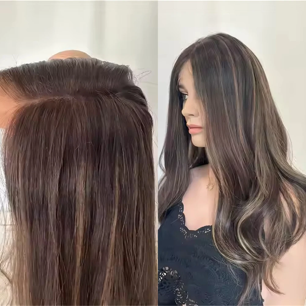 Dark Brunette Caramel Highlights Hair Luxury Wig Seamless Hairline Loose Wave Syntheic HD Lace Front Wig for Women Wear and Go