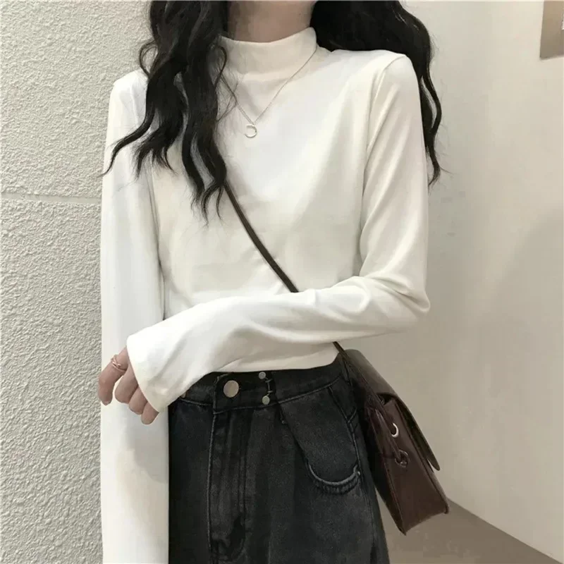 2025 Merk Eenvoudige Effen Kleur Tops Nieuwe vrouwen Witte Lange Mouwen T-Shirt Herfst Winter Afslanken Half Coltrui Dieptepunt shirt