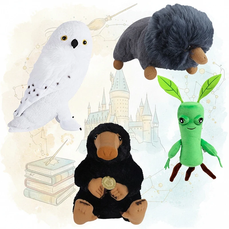 Peluche Original de Harry Potter y Animales Fantásticos de 18/28 cm: Búho Hedwig, Niffler de Pico Negro, Muñeco de Peluche Suave para Regalo