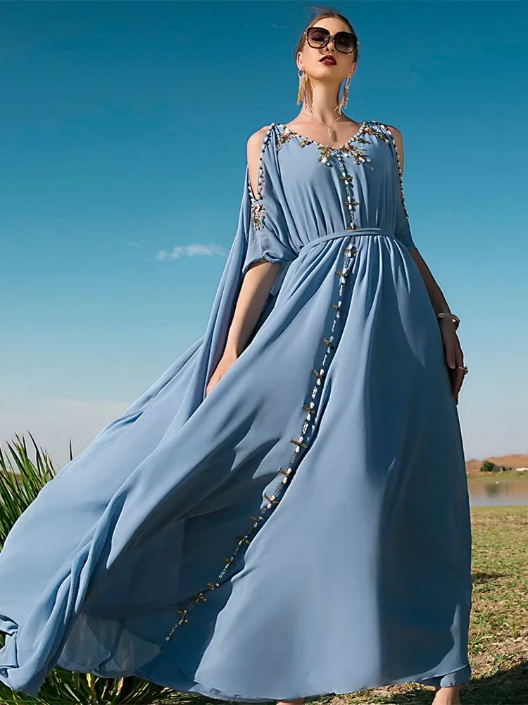 Ramadan Eid Morocco Party Dress for women Kaftan Off Shoulder gown Diamond Beads Dubai Abaya Long Dress Abayas Robe Musulmane