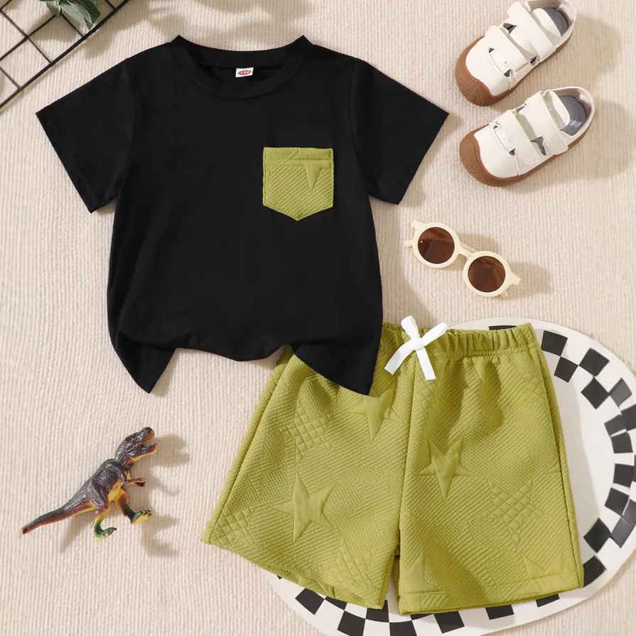

Children's clothing sets summer new boys fashion jacquard shorts + patch pockets short-sleeved casual two-piece set