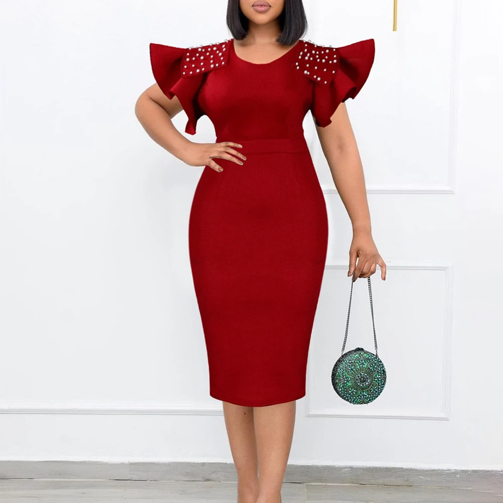 Women Elegant Studded Beaded Ruffle Sleeve Wrap Hip Summer Church Dresses Knee Length Cocktail Party Formal Dress Trendy 2023