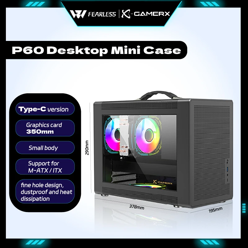 パワートレイン-p60-matx-pc-ケース-サイド透明-type-c-インターフェイス-atx-sfx-電源ミニポータブルハンドヘルドデスクトップ小型ケース