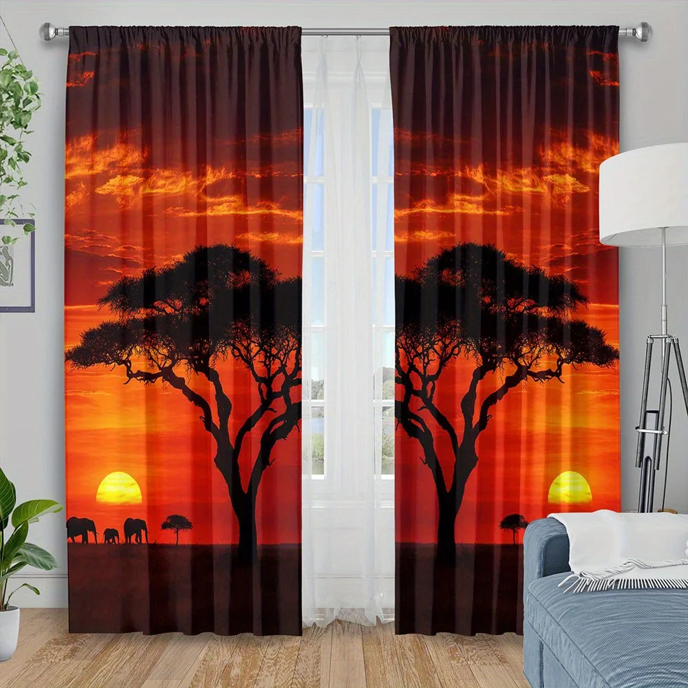 2D Flat -2pcs African Sunset Curtains Elephant Silhouette Print Blackout Drape Living Room Bedroom Window Treatment Home Decor