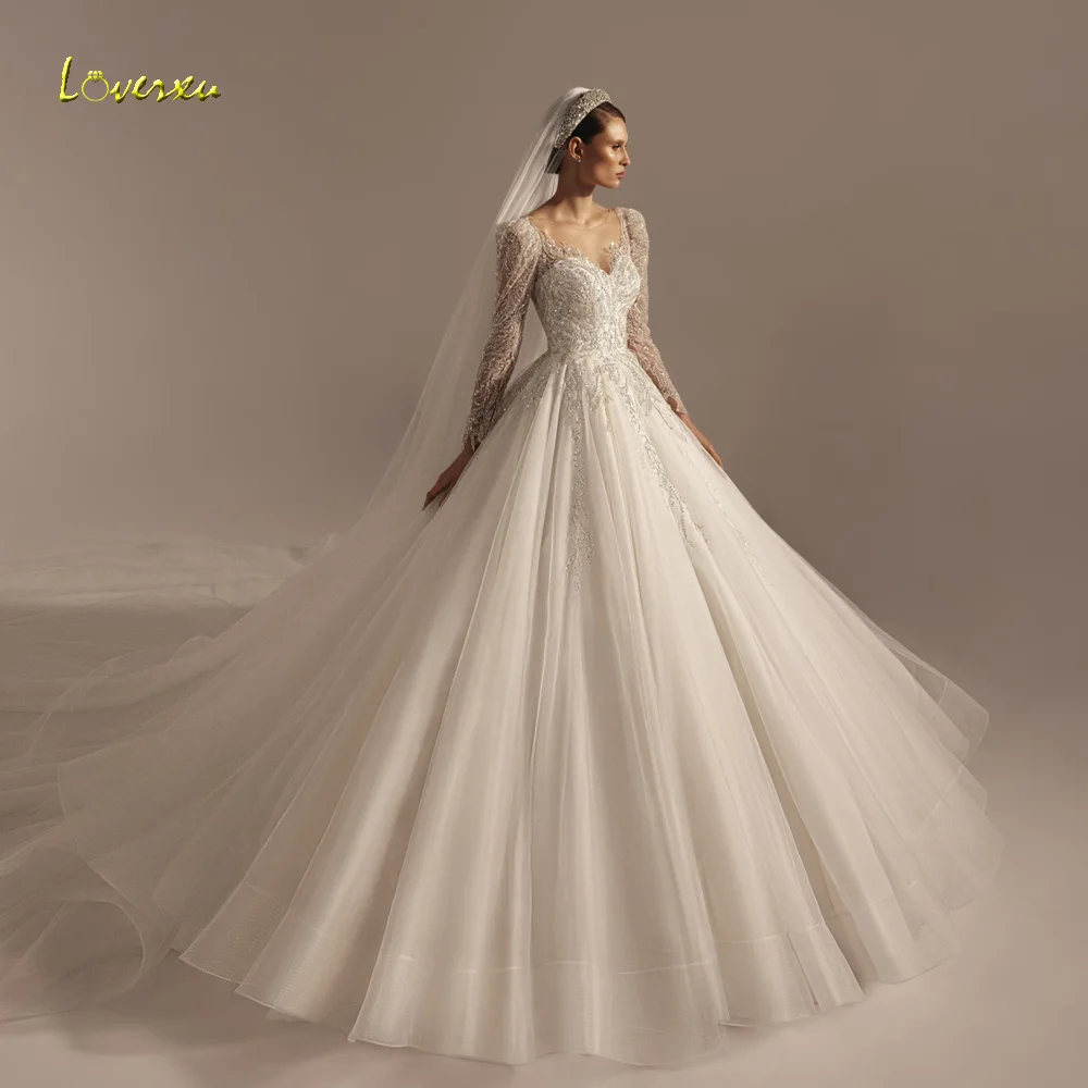 

Loverxu A-Line Elegant Wedding Dresses O-Neck Long Sleeve Vestido De Novia Lace Embroidery Beaded Shiny Custom Made Bridal Gown