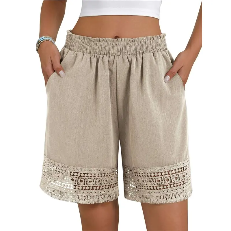 

Женские повседневные шорты CYL с эластичной талией, удобные, с кружевной отделкой, летние, пляжные, льняные, с рюшами