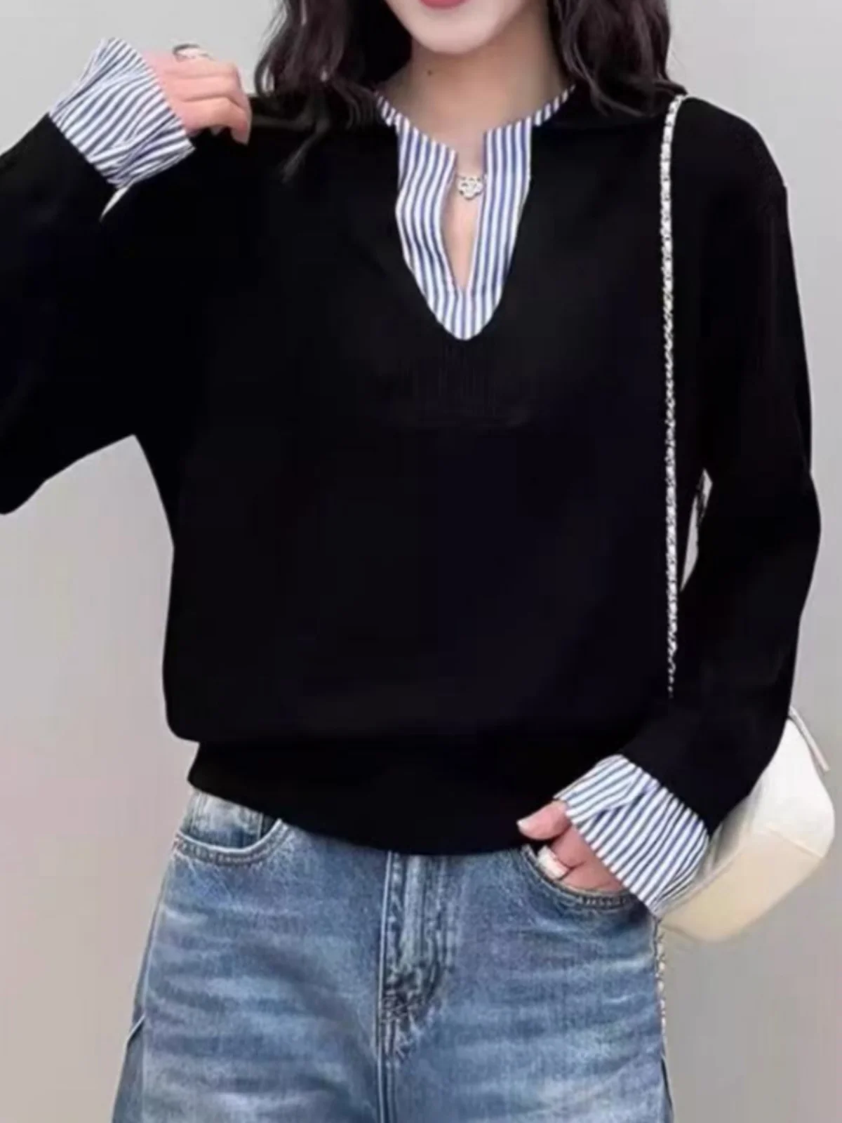 

Hong Kong Sle Ele Faion Splice Stripe Fake Two-Piece Knitted Sweater Women plus Size Spring Trendy Long Sve Top