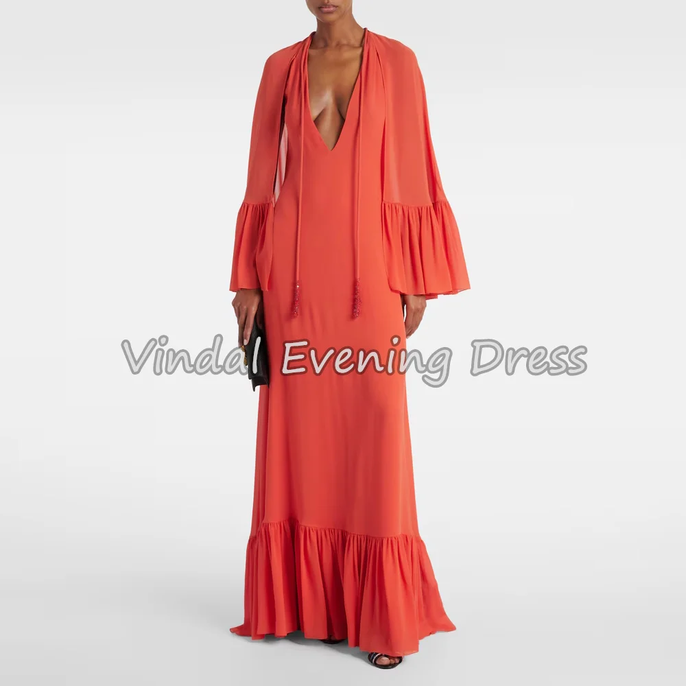 

Vindal Chiffon A-line V-neck A-line Pleats Floor Length Simple Saudi Evening Dresses For Women 2025 With Long Sleeves Party Gown