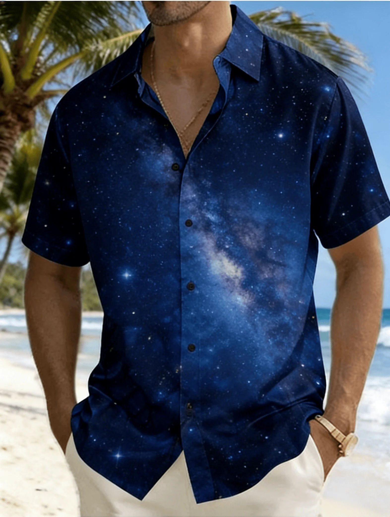 Men's Print Short Sleeve Shirt, Spring Summer Fresh Ocean Hawaiian Vacation Blouse, Loose Casual Top