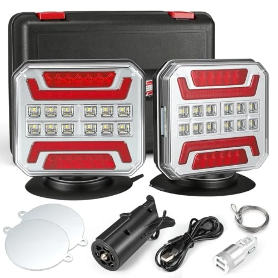 

Wireless Trailer Light Kit 328FT Magnetic LED Square Portable Stop Turn Tail Lamp w/Strobe Function 7-Pin Plug Rechargeable 12-