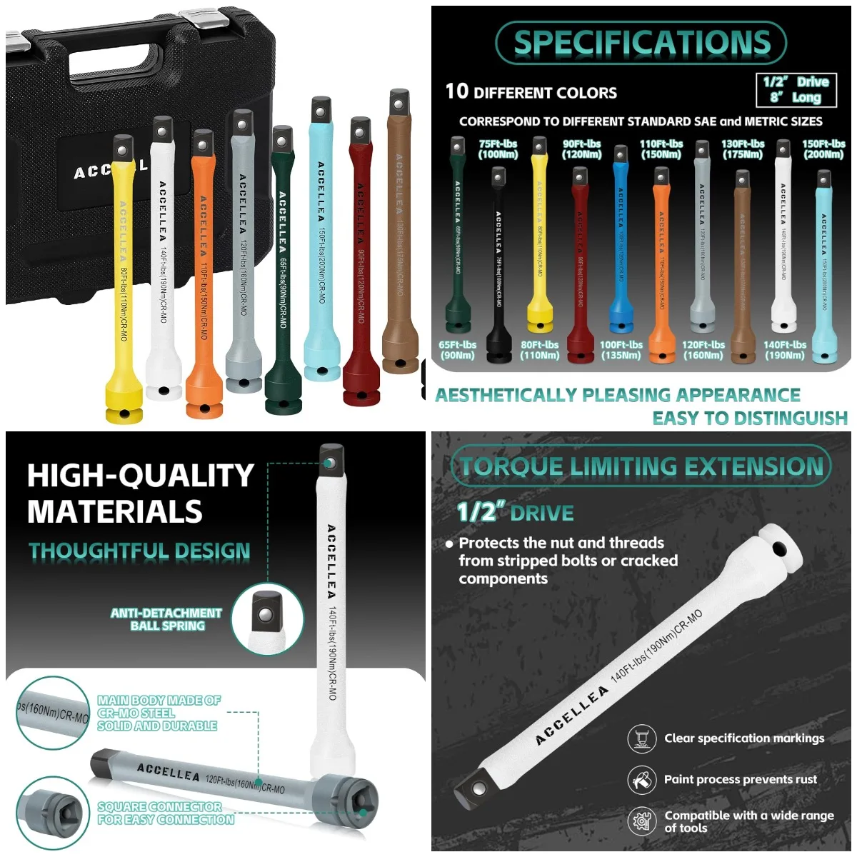 

Набор удлинителей крутящего момента из 10 предметов, привод 1/2 дюйма, длина 8 футов, 65–150 фунтов, CR-MO, SAE, цветная кодировка, с футляром для хранения